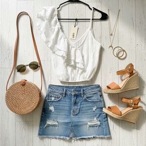 Zara White Ruffle Top and Denim Skirt Set